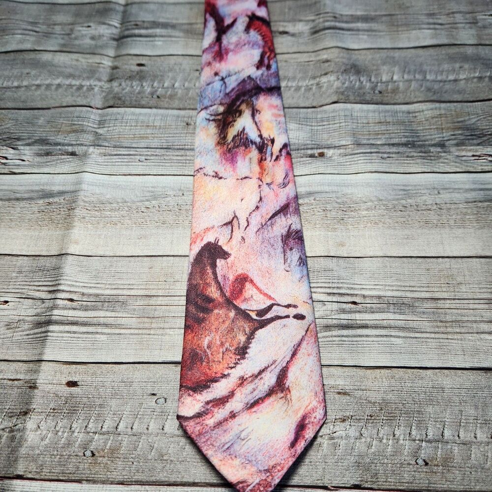 Vintage 1989 Ralph Marlin Men's Tie Cave Art Painting Animal Print Novelty Retro